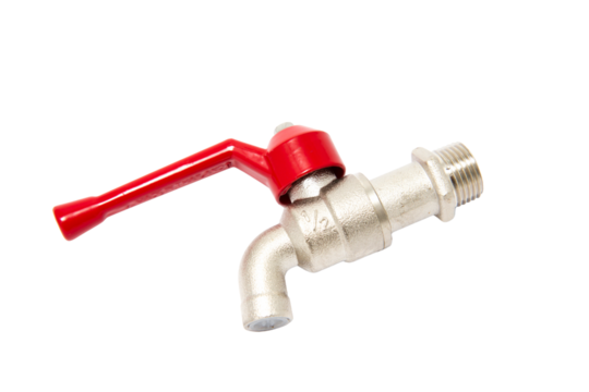 Close up of a metal faucet with a red handle against a black background for plumbing needs