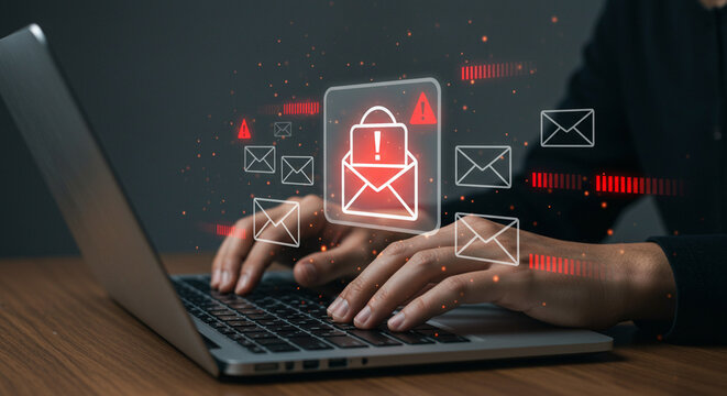 Person using laptop with email icons and security alert overlay indicating a potential phishing attack business.selling ,purchasing,agreement 