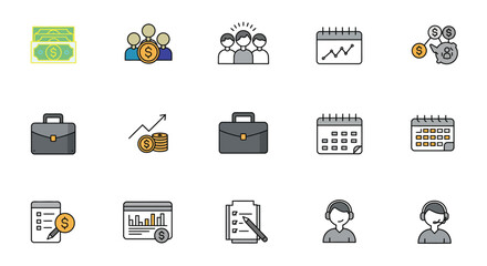 A set of minimalist icons for a modern business website, featuring clean lines and flat colors