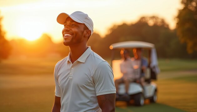Smiling african american male golfer enjoys sunset. Golf player stands on course with golf cart, banner with copyspace. Wealthy lifestyle, prestige, success, relaxation after game.
