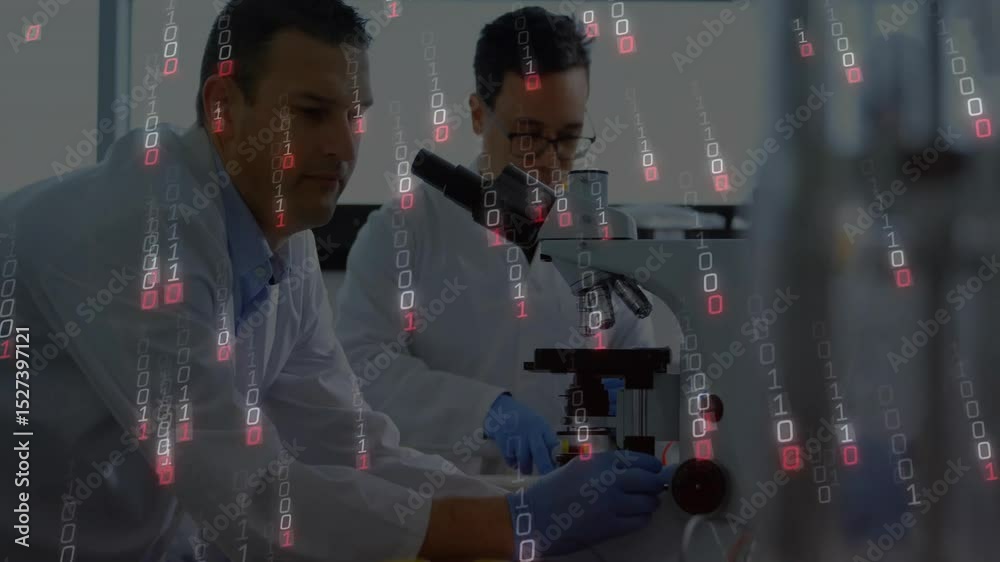Aufkleber researchers placing slide and pipetting, focusing microscope and binary code fading for research