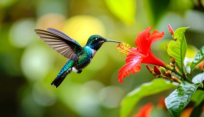 Naklejka premium Iridescent Hummingbird Feeding on Red Hibiscus Flower