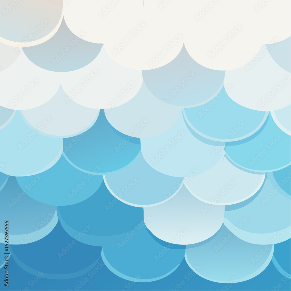 Poster abstract illustration of a seamless blue and white gradient pattern with overlapping scallop shapes,