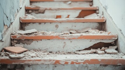 Crumbling, damaged stairs covered in debris, showing signs of severe neglect and decay in an abandoned building.
