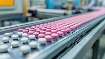 Fototapeta premium Pink and white pills move along a conveyor belt in a modern pharmaceutical manufacturing facility.