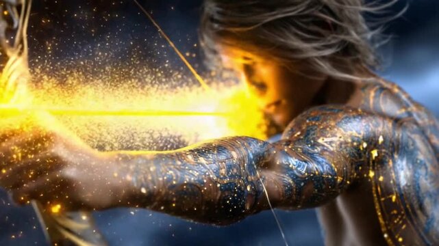 An archer embodying Sagittarius draws back a bow, surrounded by swirling cosmic patterns and sparkling stars, capturing a moment rich in energy and astrological inspiration