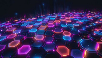 Obraz premium Neon Hexagon Grid: Futuristic Cyberpunk Background for Tech, Gaming, and Abstract Designs