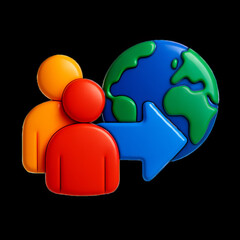 3D Global Collaboration Icon with Two People and Blue Arrow Pointing to Earth, Teamwork and International Connection Symbol