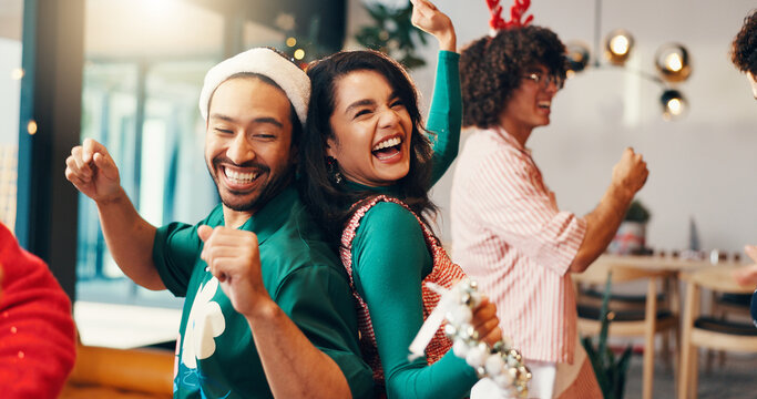 Christmas, dance and holiday with friends in home for celebration, festive season and laugh. Bonding, xmas event and reunion with group of people in living room for entertainment and social party