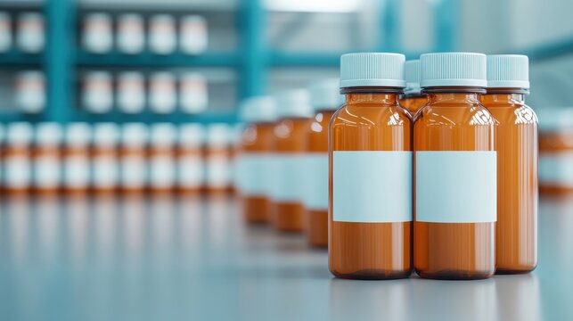 Brown medicine bottles with blank labels are arranged on a reflective surface in a pharmacy or laboratory setting.