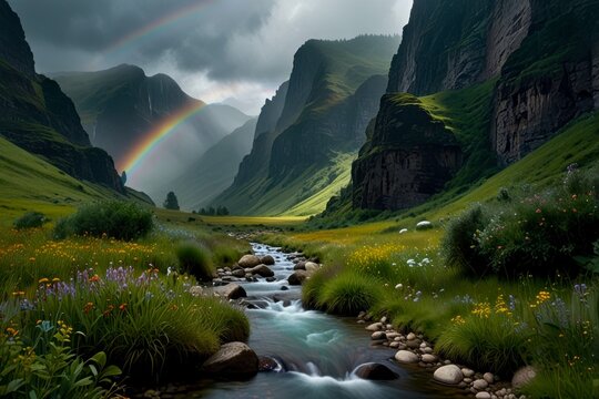 scenery of river grass field flowers middle of mountain and rainbow cloudy sky