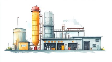 A detailed illustration of an industrial factory with tall storage tanks, chimneys, and various building sections.