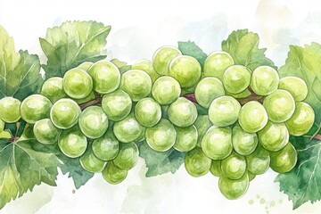 Watercolor illustration of green grape clusters with lush leaves, showcasing freshness and natural beauty.