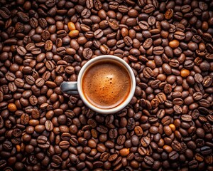 Fototapeta premium Top View Espresso Coffee Mug Surrounded by Abundant Roasted Coffee Beans, Dark Roasted Arabica Coffee Beans and a Hot Espresso Shot from Above