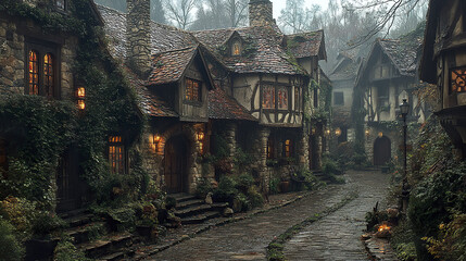 charming medieval village with stone houses, cobblestone streets, and warm glowing lights