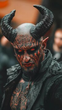 Demonic Figure with Intricate Tattoos and Horns