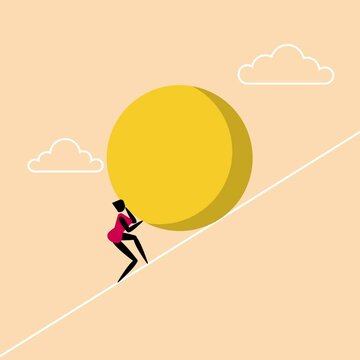 Business Concept Professional Woman Struggeling Pushing Up Holding Up Ball at Work Stylized Illustration Animation on Yellow Background - 4K Square Video 10 seconds Seamless Loop