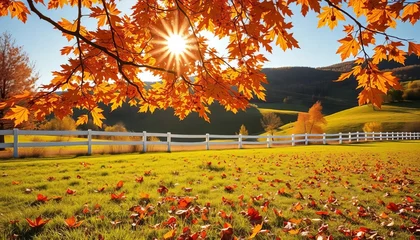 Fleecedeken met foto Sunlit autumn meadow scene with vibrant maple branch, white fence, rolling hills, and scattered fallen leaves,  leaves,  image © Krit