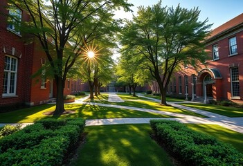 Sun-drenched brick university campus, lush green trees, paved pathways,  shadows,  day