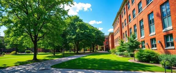 Sunny day on a peaceful university campus with lush green trees, brick buildings, and paved walkways,  outdoor,  sunlight