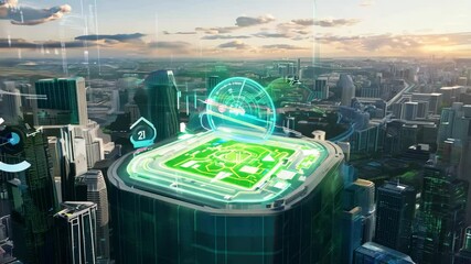Futuristic drone navigation interface above modern cityscape at sunset with digital displays - Powered by Adobe
