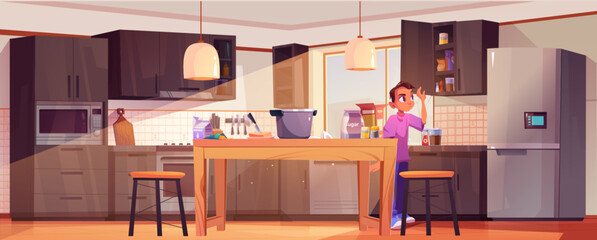 Cartoon boy searching in home kitchen - child reaches up toward cabinets with open shelves, wooden table, microwave and refrigerator, pendant lights and kitchenware. Modern interior for cooking.