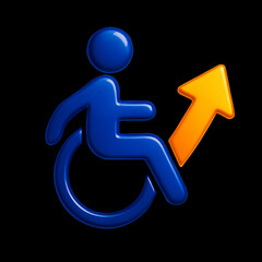 3D Blue Wheelchair Accessibility Icon with Upward Orange Arrow, Symbol of Progress and Inclusion
