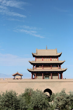 Western gate of Jiayu Pass is three-storey tower as Gate of Conciliation (Rouyuan men) against the blue sky  in Gansu Province of China