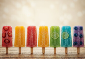 Fruity popsicles line up on wood offering colorful refreshing treat options on a hot day