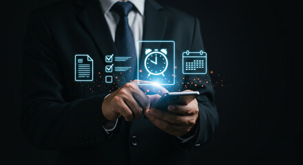 A person in a suit using a smartphone with floating icons of a clock, calendar, checklist and document business.selling ,purchasing,agreement 