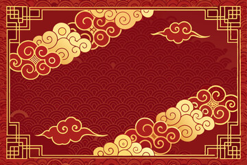 Intricate red and gold Asian cloud border design, traditional style, ornate details, seamless pattern.