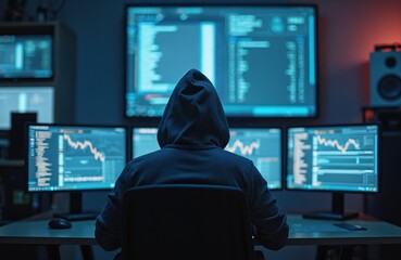 Hacker wearing hoodie works with multiple computer monitors. Dark room, digital data on screen, coding, cybercrime, information privacy. Cyber security expert, software developer at night.