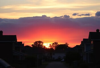 Suburban houses silhouetted against vibrant sunset rainbow, idyllic scene,  vector,  rainbow