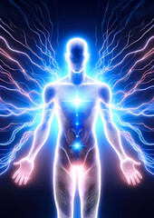 サイエンステクノロジーの概念でエネルギーを放出して瞑想する人の3dイラスト