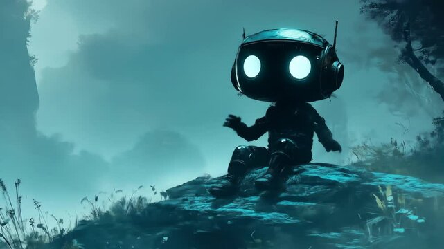 Small, lonely robot sitting on a rock in a misty forest.