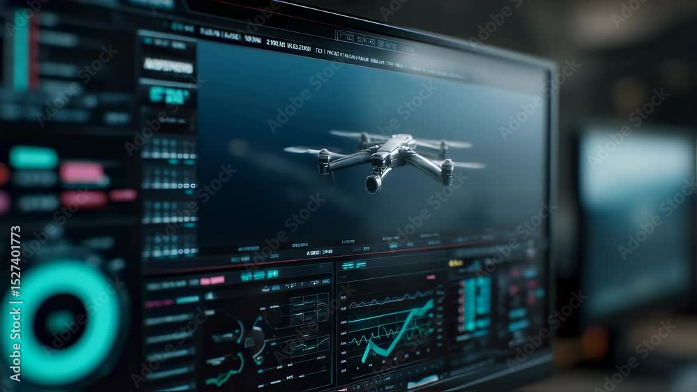Aufkleber Advanced software displaying real time drone flight analytics, visualizing performance metrics on computer screen with futuristic digital interface