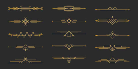 Art deco divider line collection - golden geometric ornamental borders on black background, vintage decorative elements, elegant separator design for luxury retro style text frames and page decoration