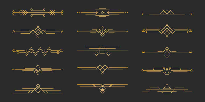 Art deco divider line collection - golden geometric ornamental borders on black background, vintage decorative elements, elegant separator design for luxury retro style text frames and page decoration