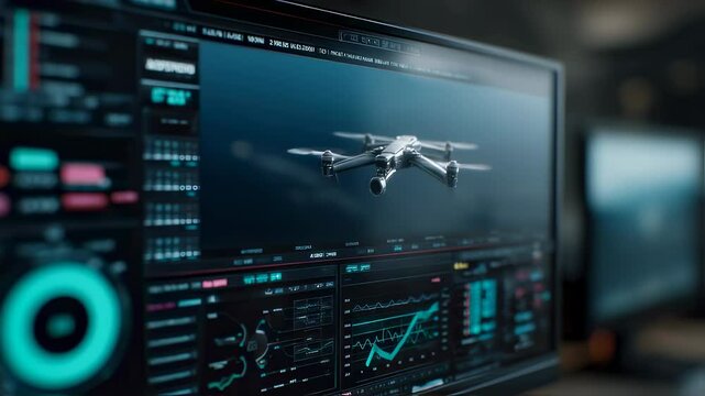 Advanced software displaying real time drone flight analytics, visualizing performance metrics on computer screen with futuristic digital interface