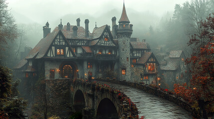Obraz premium mystical medieval castle surrounded by fog, with warm lights glowing from windows