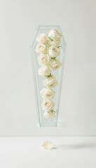 Glass coffin vase with white roses arranged creatively  