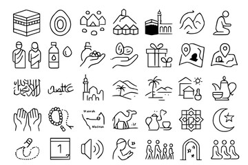 Mecca Pilgrimage Hajj and Umrah Line Icon Set: Islamic Holy City, Kaaba, Rituals, and Muslim Journey Symbols