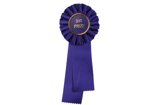 Isolated blue rosette with gold trim and text that reads first prize on a black background