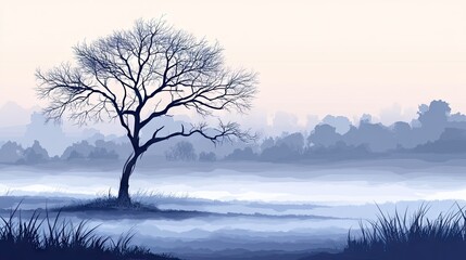 A solitary tree stands sentinel in a misty landscape.