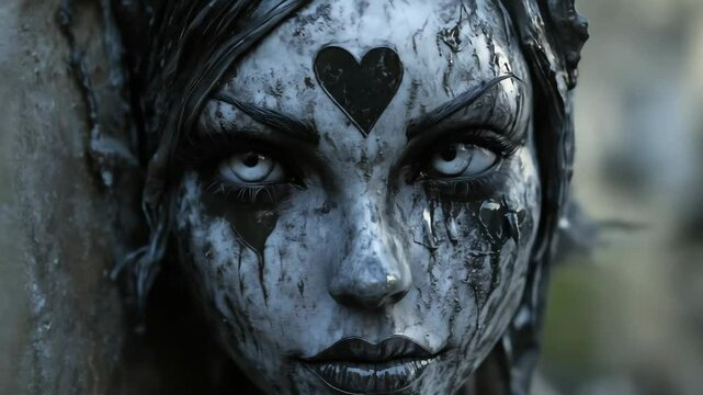 Creepy stone statue of a queen of hearts.