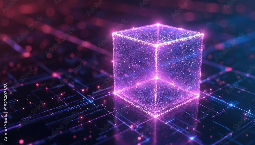Poster glowing digital cube with data streams and connections. futuristic tech design with neon purple, blu