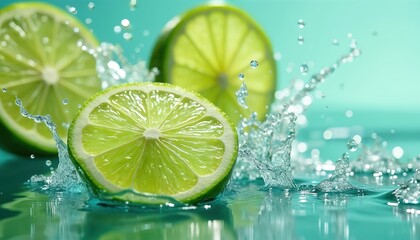 Lime slices splash with water, fresh fruit in motion. Vitamin C, healthy food eco concept. Drops, bubbles in turquoise water background. Refreshing detox drink advertisement.
