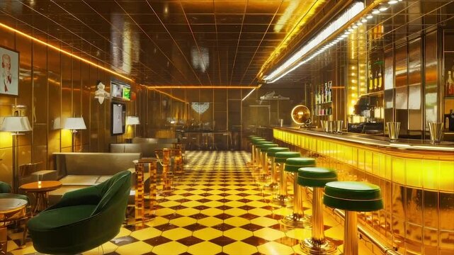 Art Deco bar with gold accents, checkered floor, and green seating