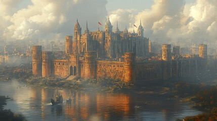 Naklejka premium Majestic medieval castle surrounded by water and clouds, evoking sense of wonder and history