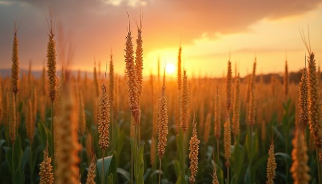Golden sunset illuminates sorghum field, agriculture. Sorghum crops provide sustainable biofuel food. Farming millet, durra, jowari offers healthy nutrients. Rural scenery natural environment,